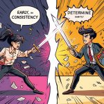 A split-screen comic illustration depicting a battle between personified "Inconsistency" and "Discipline." On the left, a woman fights amidst chaotic flying papers; on the right, a determined man in a suit uses a shield and sword to defend a neat stack of habits and a checklist.