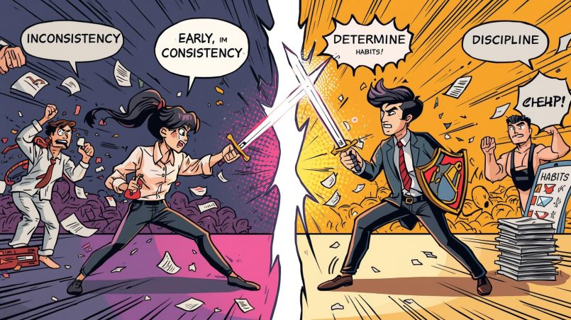 A split-screen comic illustration depicting a battle between personified "Inconsistency" and "Discipline." On the left, a woman fights amidst chaotic flying papers; on the right, a determined man in a suit uses a shield and sword to defend a neat stack of habits and a checklist.
