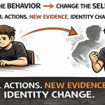 Comic-style illustration showing a man shifting from discouraged and doubtful to confident and determined, with text reading “Change the Behavior → Change the Self-Image” and “Small Actions. New Evidence. Identity Change.”