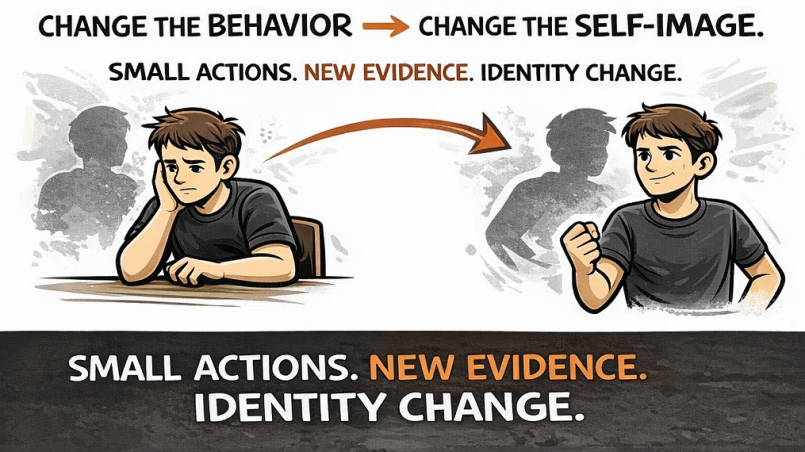 Comic-style illustration showing a man shifting from discouraged and doubtful to confident and determined, with text reading “Change the Behavior → Change the Self-Image” and “Small Actions. New Evidence. Identity Change.”