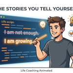 Illustration showing how negative self-talk creates an identity loop and how new actions can change self-belief.