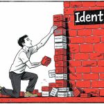 llustration of a man stacking small “micro win” bricks to build a large wall labeled identity, symbolizing personal growth through small consistent actions.