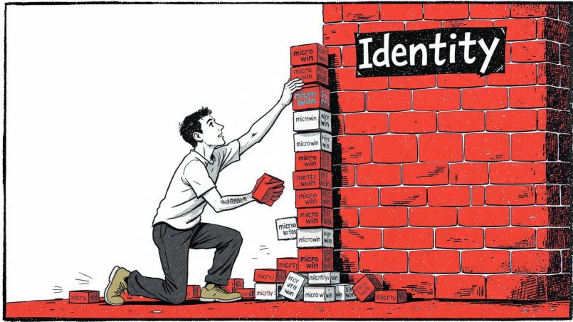 llustration of a man stacking small “micro win” bricks to build a large wall labeled identity, symbolizing personal growth through small consistent actions.