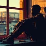 Young man sitting alone by a window in warm morning light, looking outside with a thoughtful and introspective expression