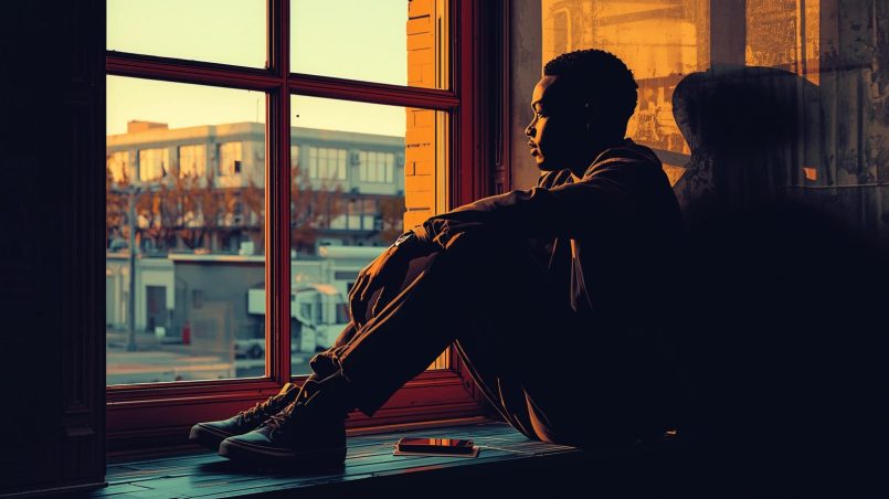 Young man sitting alone by a window in warm morning light, looking outside with a thoughtful and introspective expression