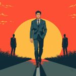 Illustration of a confident man in a suit walking down a path at sunrise, with silhouettes on both sides symbolizing discipline, purpose, and personal growth