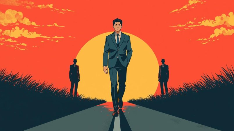 Illustration of a confident man in a suit walking down a path at sunrise, with silhouettes on both sides symbolizing discipline, purpose, and personal growth