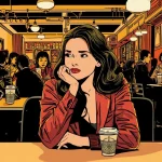 Illustrated woman sitting alone in a busy café, resting her chin on her hand while looking away thoughtfully, surrounded by people