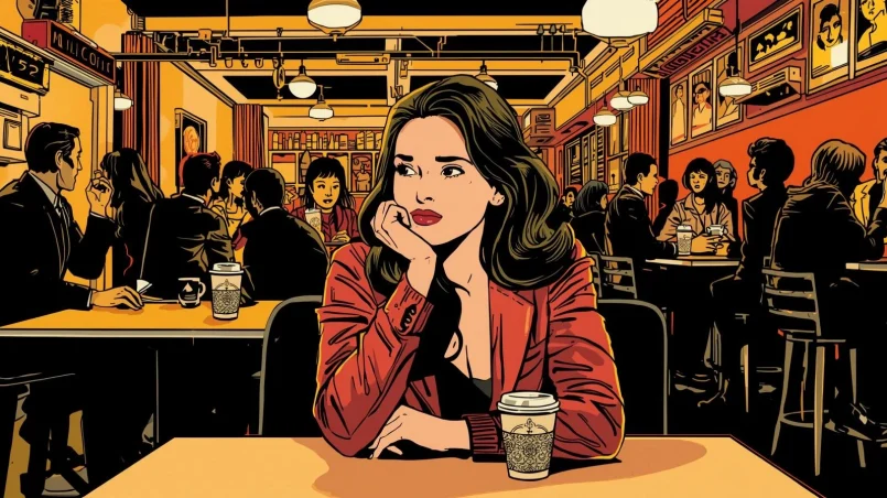 Illustrated woman sitting alone in a busy café, resting her chin on her hand while looking away thoughtfully, surrounded by people