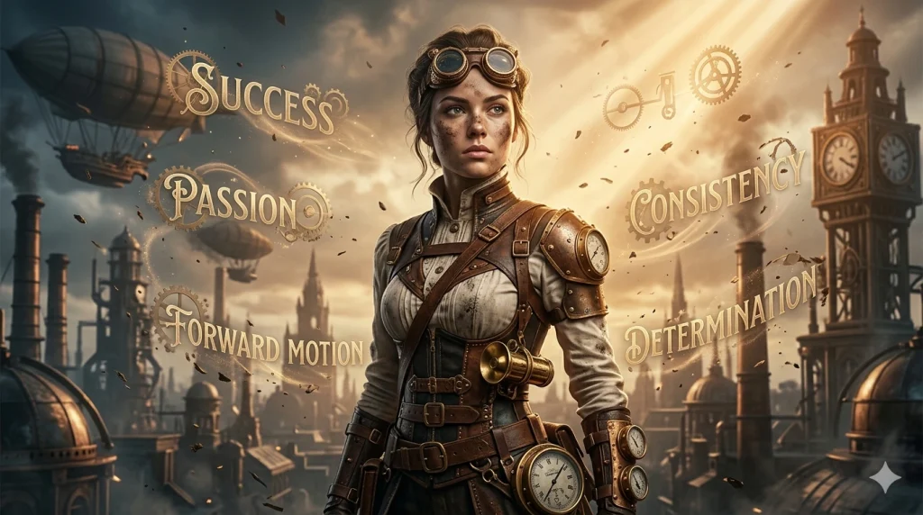 Steampunk-style woman with goggles standing confidently in a futuristic city, surrounded by words like success, passion, consistency, determination, and forward motion