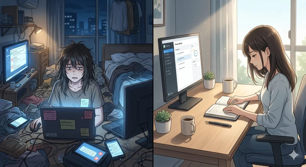 A split-screen illustration showing a stressed person in a dark, messy room with multiple screens versus a calm person in a bright, clean workspace with organized tools.