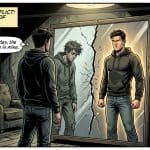 Comic-style illustration of a man facing his reflection in a cracked mirror, with one side appearing weak and the other strong, symbolizing inner conflict and personal transformation