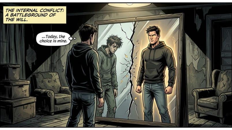 Comic-style illustration of a man facing his reflection in a cracked mirror, with one side appearing weak and the other strong, symbolizing inner conflict and personal transformation