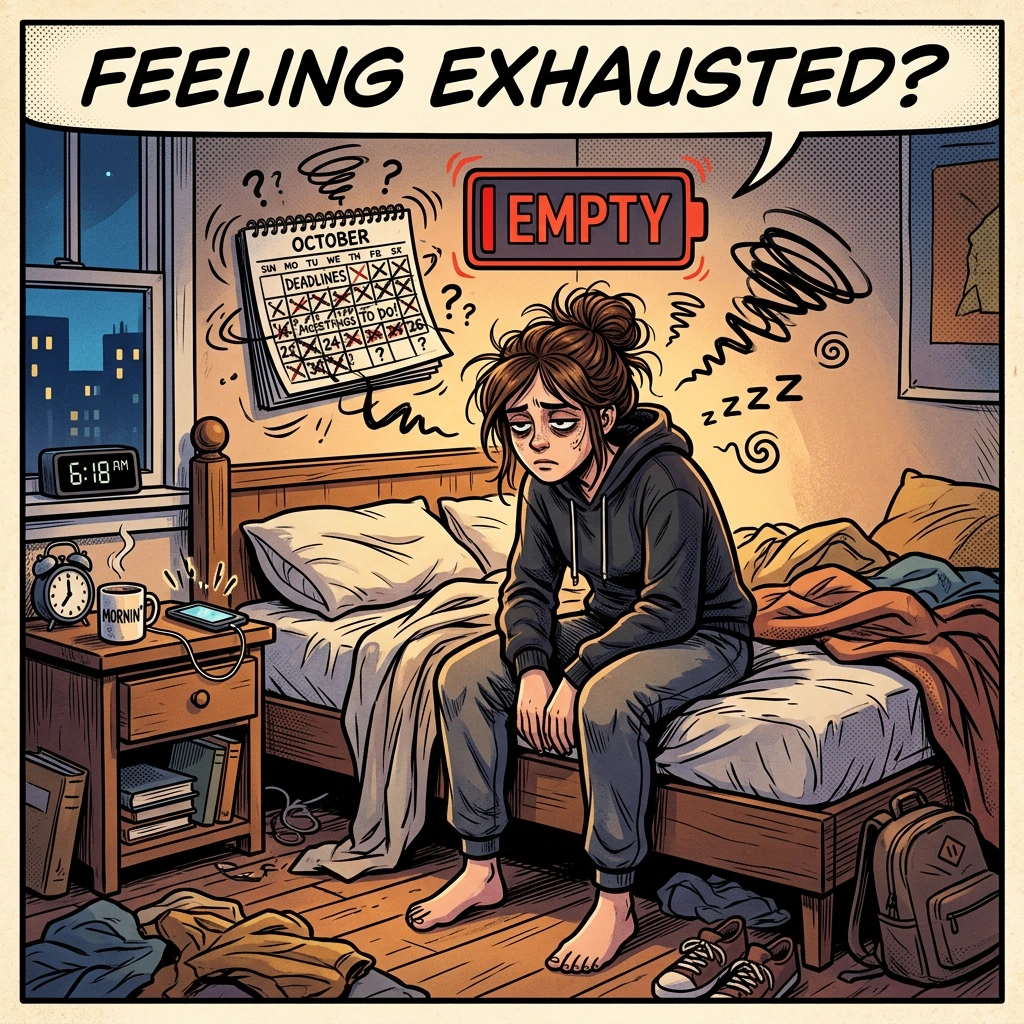 Illustrated tired young woman sitting on her bed in a messy room, looking exhausted with a low battery symbol above her head and a busy calendar in the background