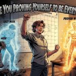 A motivational comic book illustration showing a central man in dynamic poses. Behind him is a large weekly calendar. On the left are blue, spectral versions labeled 'LAZY WEEK' and 'DOUBTFUL'. In the center, he flexes determinedly. On the right, he is a glowing gold figure, powerful and idealized, labeled 'PROVEN' (note: text is 'PROWEN' in the image), with a caption 'Who Are You Proving Every Week?'