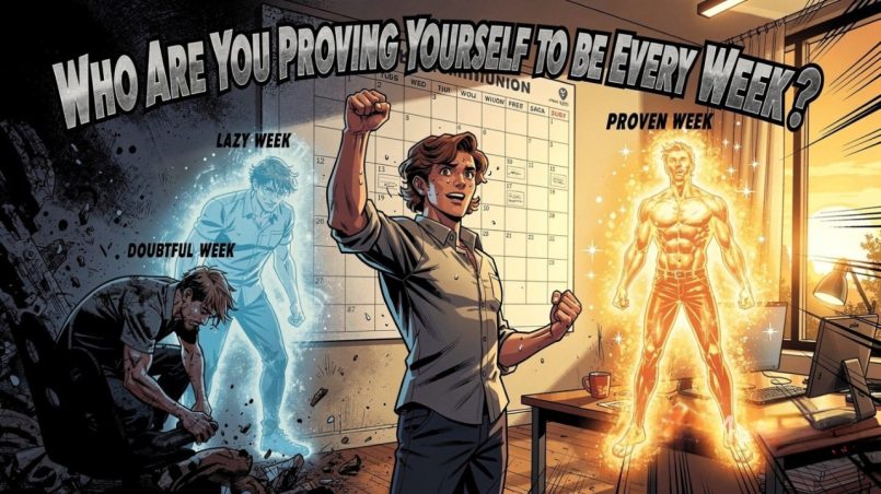 A motivational comic book illustration showing a central man in dynamic poses. Behind him is a large weekly calendar. On the left are blue, spectral versions labeled 'LAZY WEEK' and 'DOUBTFUL'. In the center, he flexes determinedly. On the right, he is a glowing gold figure, powerful and idealized, labeled 'PROVEN' (note: text is 'PROWEN' in the image), with a caption 'Who Are You Proving Every Week?'