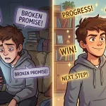 A split illustration showing the same person in two contrasting scenes: on the left, sitting in a cluttered, dimly lit room with worried expression and surrounded by “BROKEN PROMISE!” speech bubbles; on the right, in a bright, tidy room smiling confidently while holding a gold coin labeled “SMALL WIN,” surrounded by glowing motivational words like “PROGRESS!” and “CONSISTENCY!”