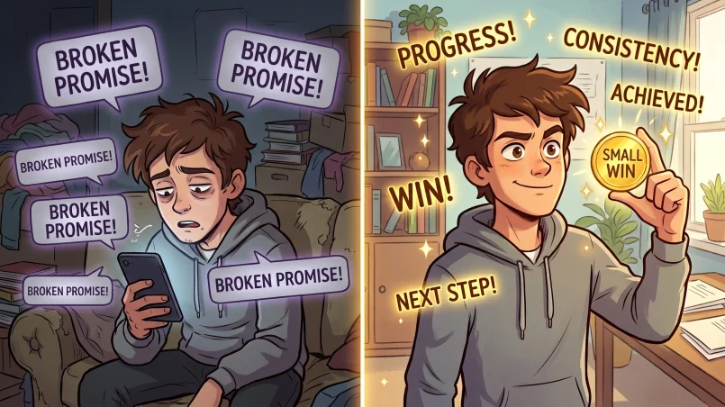 A split illustration showing the same person in two contrasting scenes: on the left, sitting in a cluttered, dimly lit room with worried expression and surrounded by “BROKEN PROMISE!” speech bubbles; on the right, in a bright, tidy room smiling confidently while holding a gold coin labeled “SMALL WIN,” surrounded by glowing motivational words like “PROGRESS!” and “CONSISTENCY!”