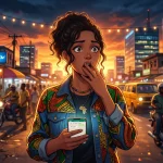 Anime illustration of a shocked young African woman looking at her smartphone on a busy city street at sunset with yellow buses and market stalls.