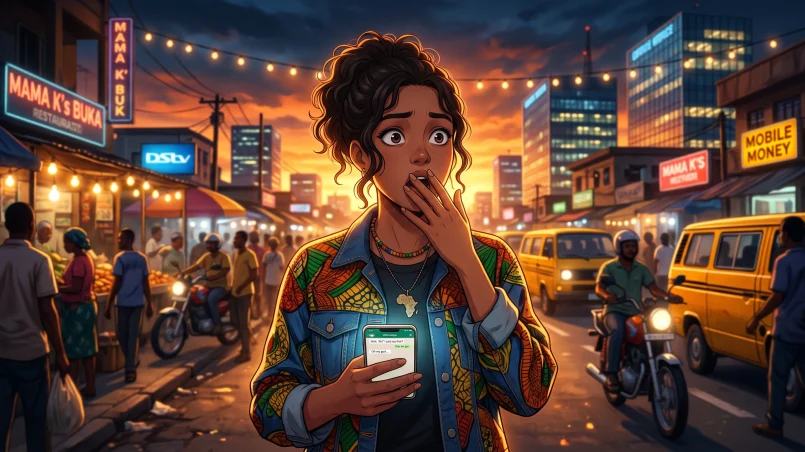 Anime illustration of a shocked young African woman looking at her smartphone on a busy city street at sunset with yellow buses and market stalls.