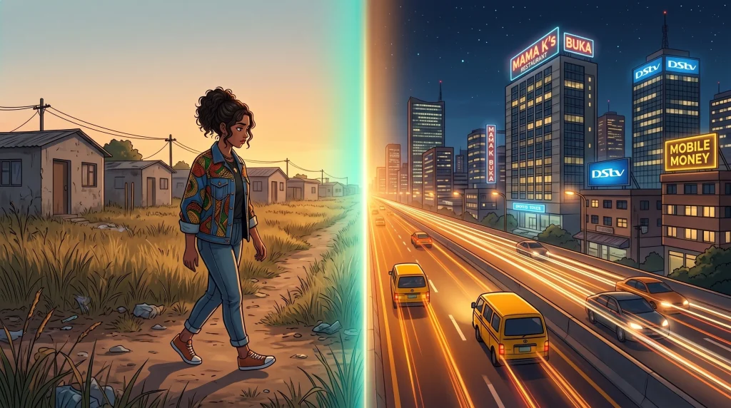 Split-screen anime illustration showing a young woman walking from a rural dirt path at sunset toward a fast-paced city highway with neon skyscrapers at night.
