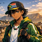 Young person in South African township wearing flag cap and colorful necklace, with children playing soccer in the background.