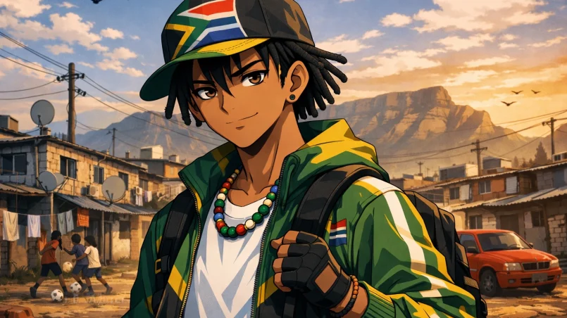 Young person in South African township wearing flag cap and colorful necklace, with children playing soccer in the background.