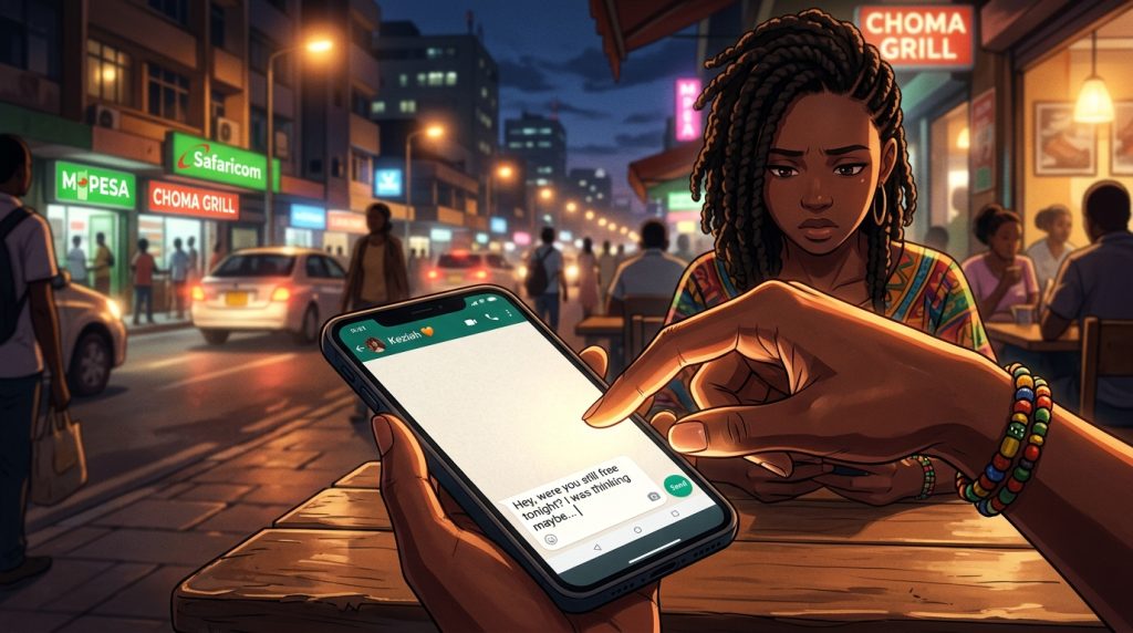 Close-up anime illustration of a hand hesitating to send a text message on a smartphone at an outdoor city cafe at night.