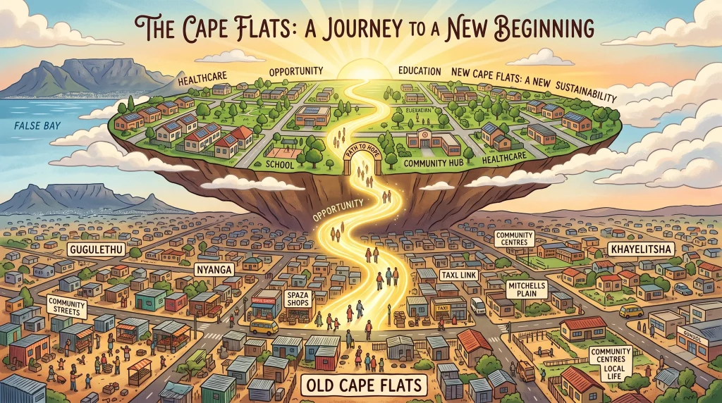Illustration showing transformation from Old Cape Flats informal housing to New Cape Flats sustainable community.