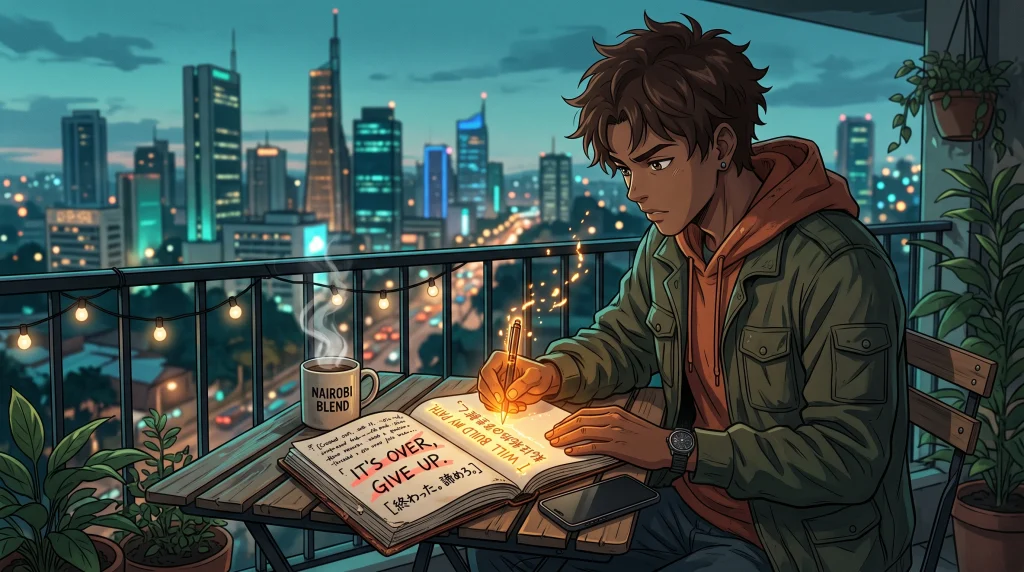 Anime illustration of a determined young man writing in a journal on a high-rise balcony overlooking a Nairobi city skyline at night.