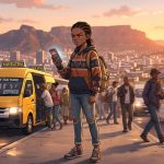 Anime illustration of a frustrated young South African person holding a smartphone at a busy Cape Town minibus taxi rank during golden hour, with Table Mountain in the background.