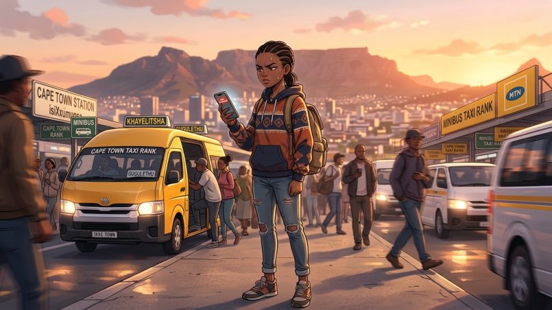Anime illustration of a frustrated young South African person holding a smartphone at a busy Cape Town minibus taxi rank during golden hour, with Table Mountain in the background.