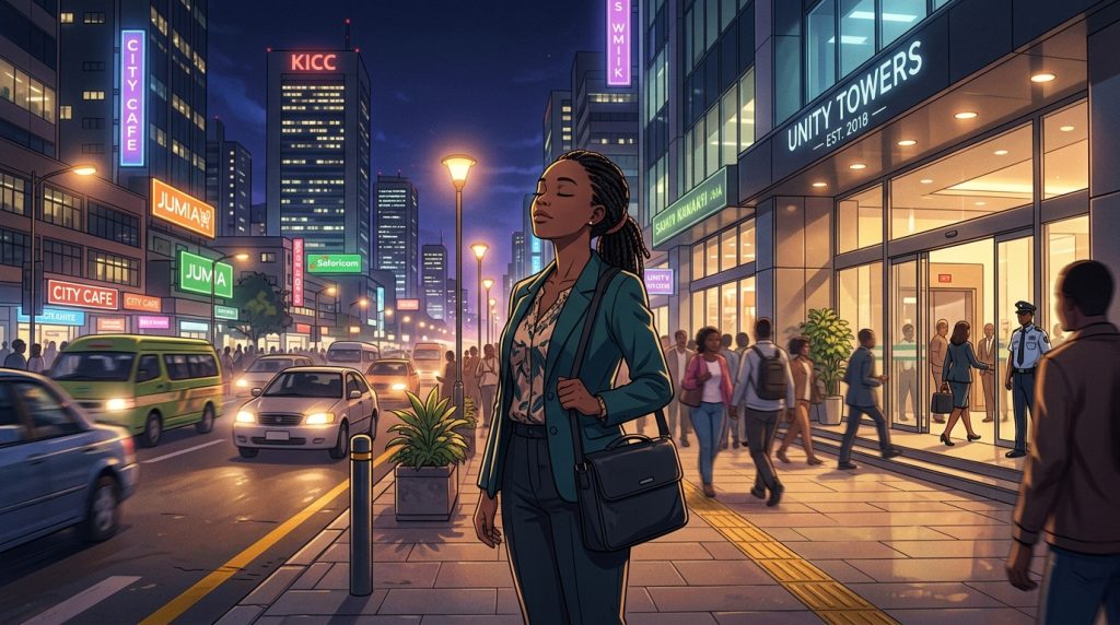 Anime illustration of a professional Black woman in a teal suit taking a deep breath with eyes closed outside Unity Towers on a busy Nairobi street at night.