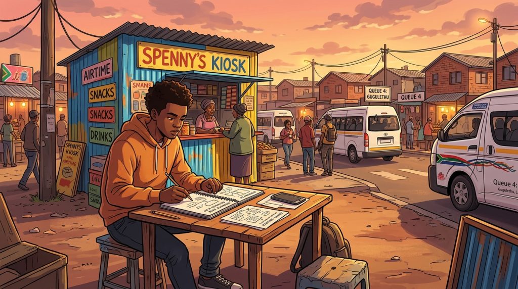 A young Black entrepreneur in an orange hoodie sketching a business plan in a notebook at an outdoor table outside Spenny's Kiosk in a South African township during sunset. Trying to be consistent.
