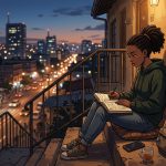 Anime illustration of a young Black woman sitting on an outdoor apartment staircase at twilight, writing in a journal with a city skyline in the background.