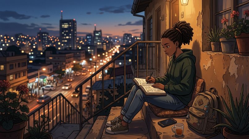 Anime illustration of a young Black woman sitting on an outdoor apartment staircase at twilight, writing in a journal with a city skyline in the background.