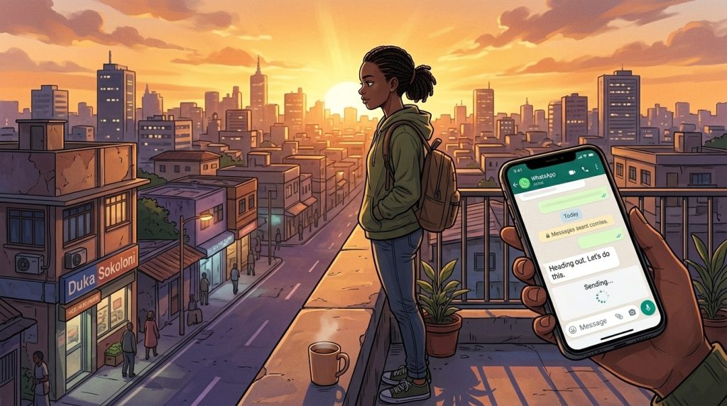 An illustration of a young Black woman with a backpack standing on a rooftop at sunset, looking out over a bustling city street with a shop named Duka Sokoloni, while a close-up hand holds a phone sending a WhatsApp message