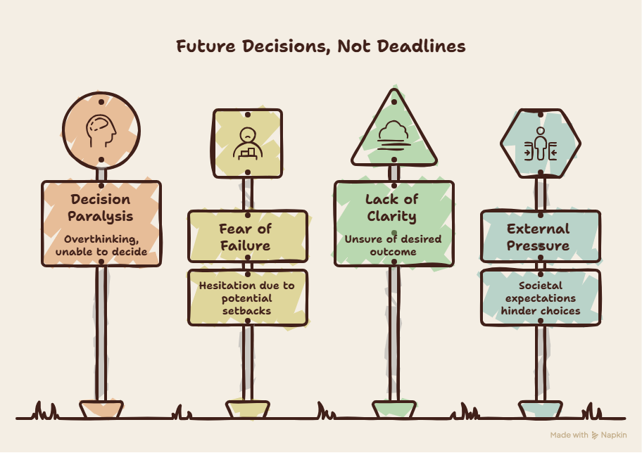 Illustration of four colorful signposts showing psychological barriers to decision-making.