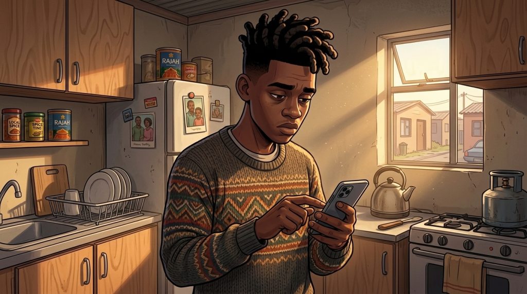 Depressed man in kitchen on phone
