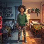 Young girl standing in shared room